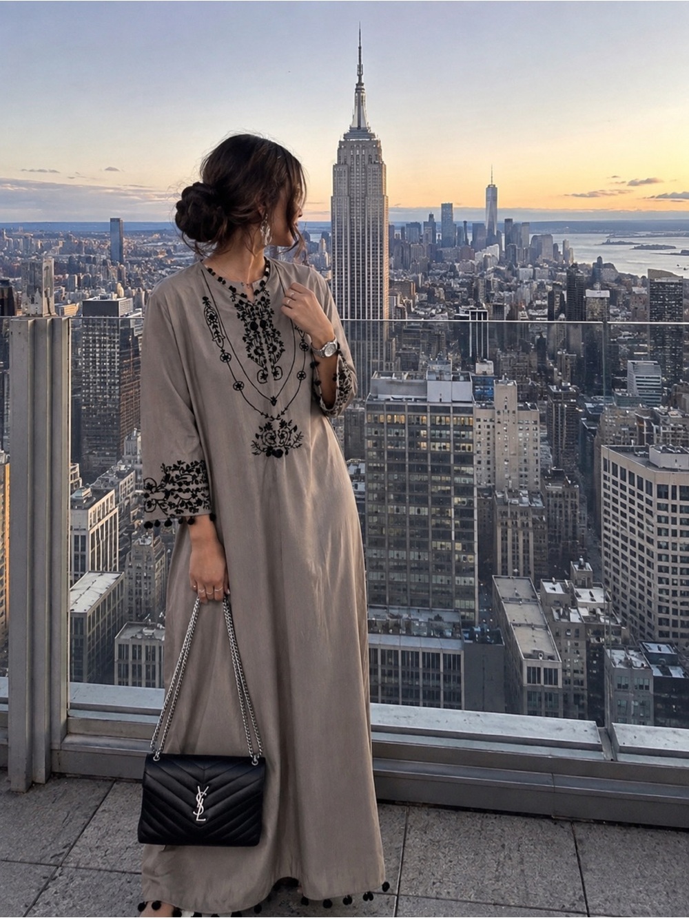 Embroidered Taupe Maxi Dress with Black Accents with bottom